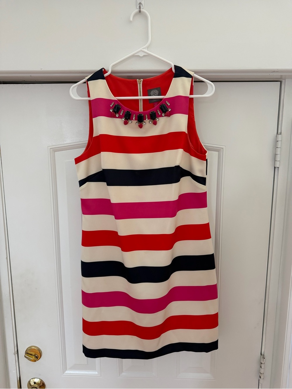 Vince Camuto Coral-Red Striped Shift Dress with Gold Zipper